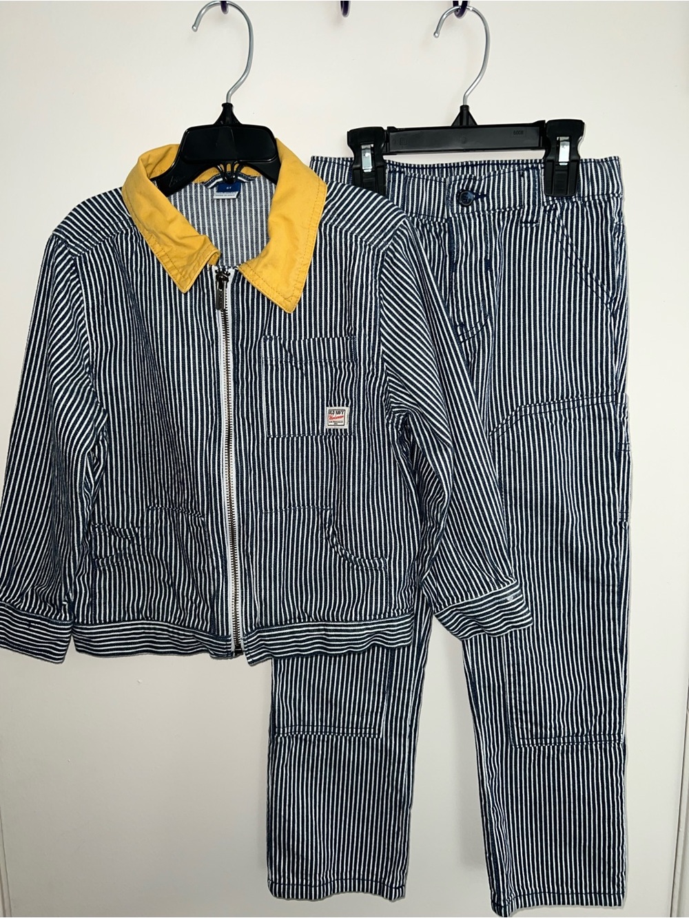 Old Navy Navy & White Striped Jacket with Yellow Trim